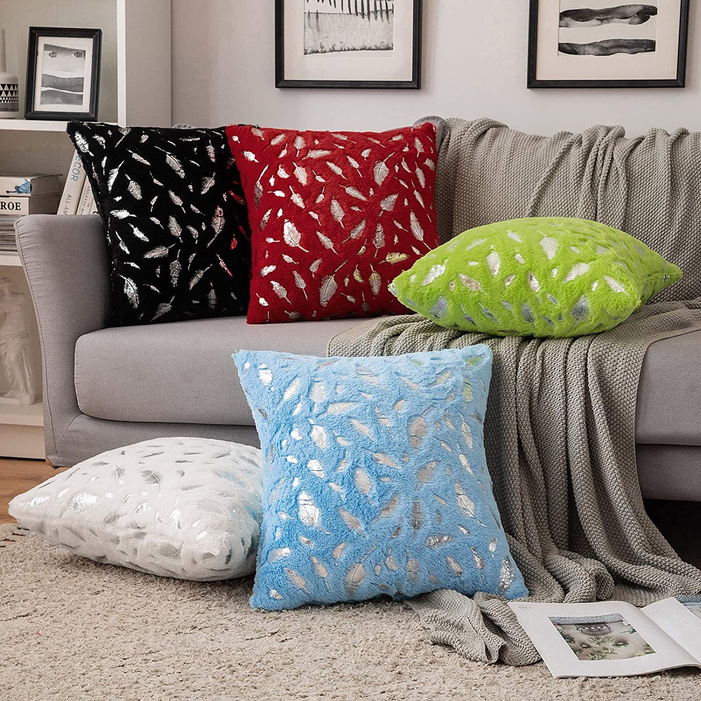 2x Square Throw Pillows Decorative Faux Fur Silver Feathers Silver Leaves Cushion Cases Soft Fluffy(Inserts + Pillow Covers, Red)