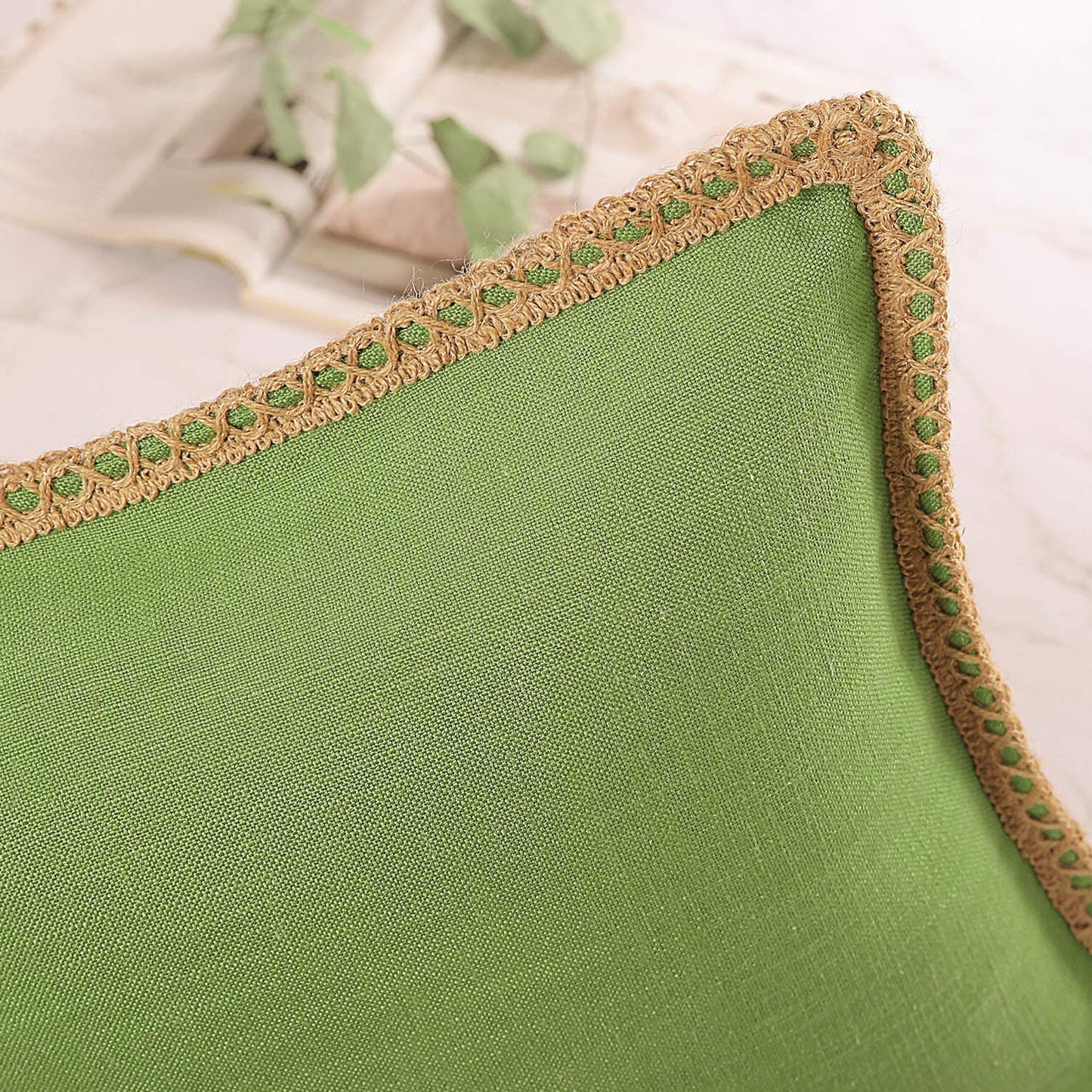 Pack of 2 Farmhouse Decorative Throw Pillow Covers Burlap Linen Trimmed Tailored Edges ,for Couch Sofa Living Room Decor - Green