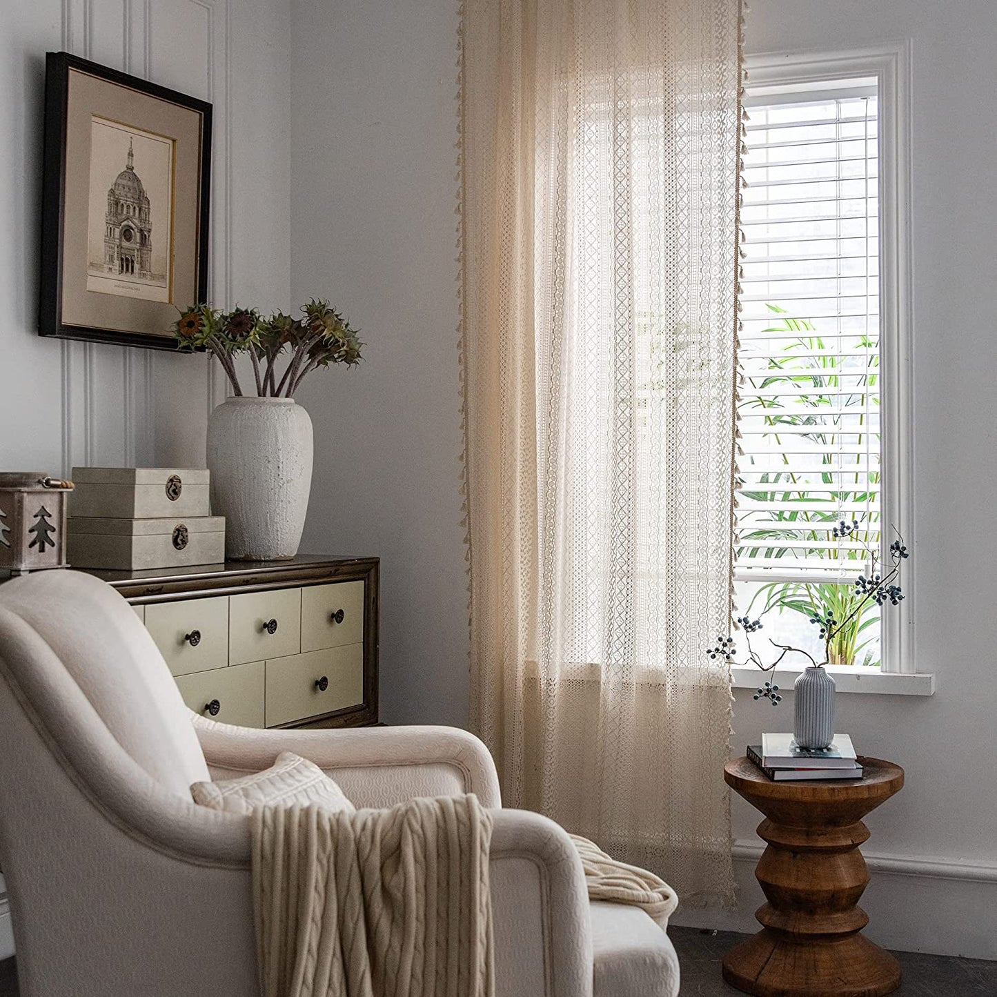2 Panels Boho Windows Sheer Curtains Crochet Vintage Cotton Tassel Window Curtains Panels for Bedroom Living Room (Crochet Beige)