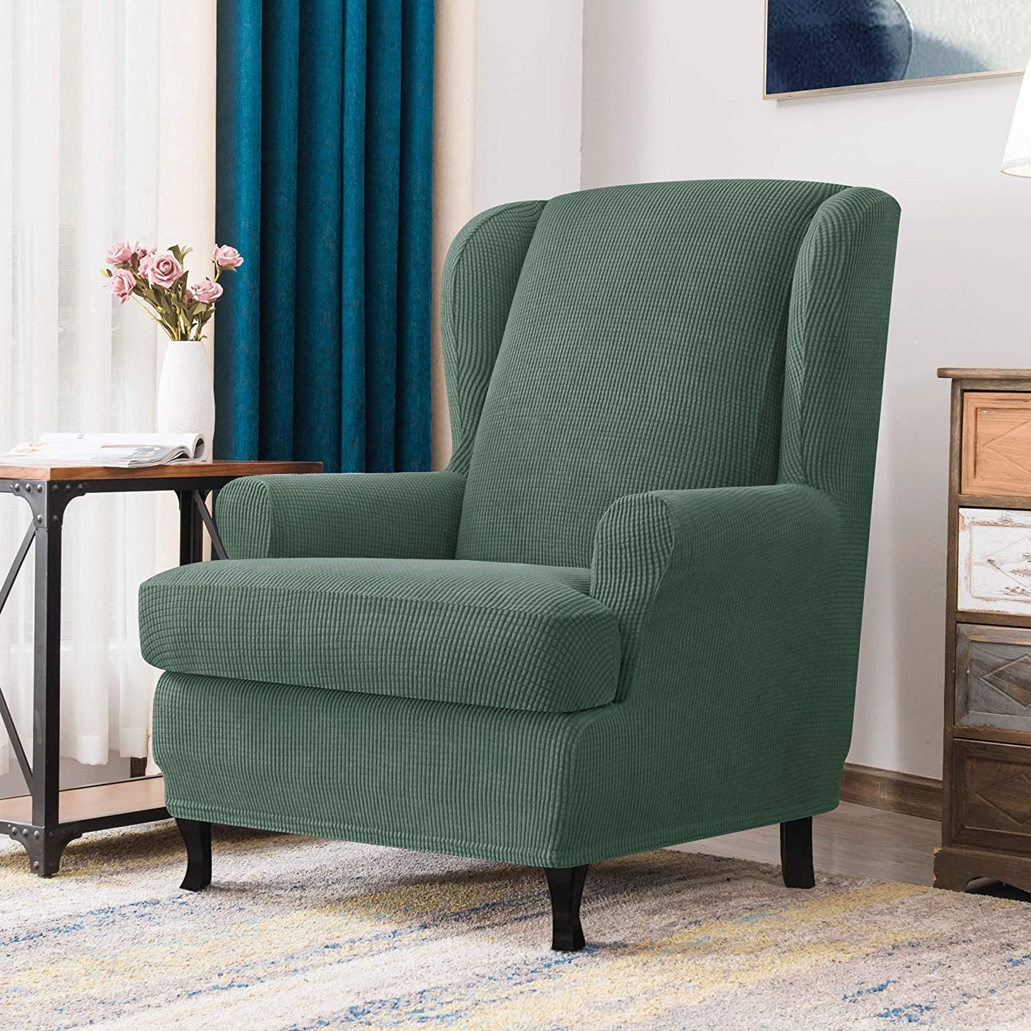Stretch Wing Chair Sofa Slipcover 2-Piece with Elastic Bottom, Cyan