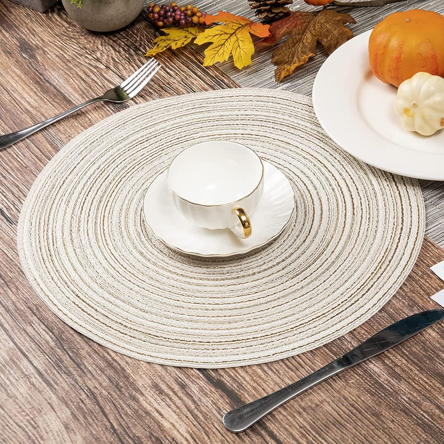 Round Placemats Set of 4/6/8 for Dining Tables 14 inch Cotton Braided Placemats Washable Reversible for Kitchen Holiday Party(Ivory）