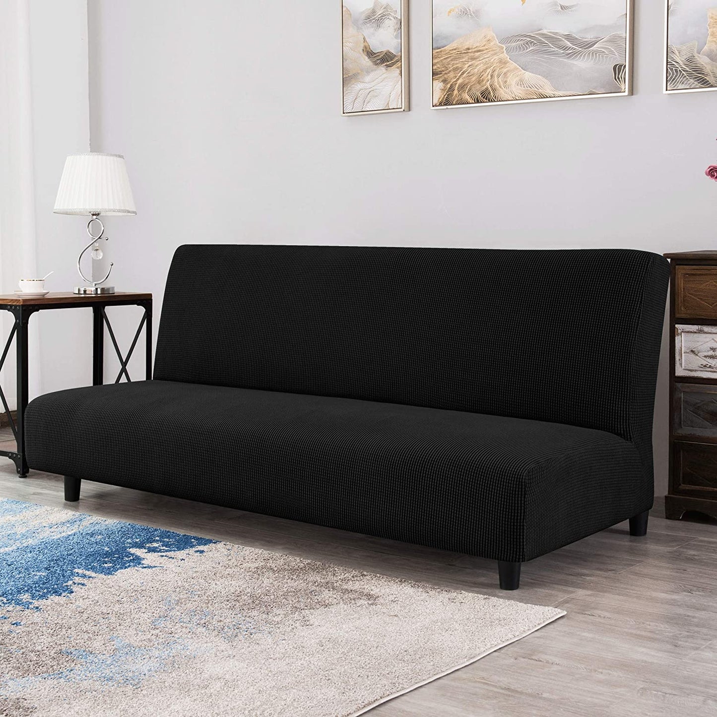 Stretch Armless Sofa Slipcover Futon Cover with Elastic Bottom, Black