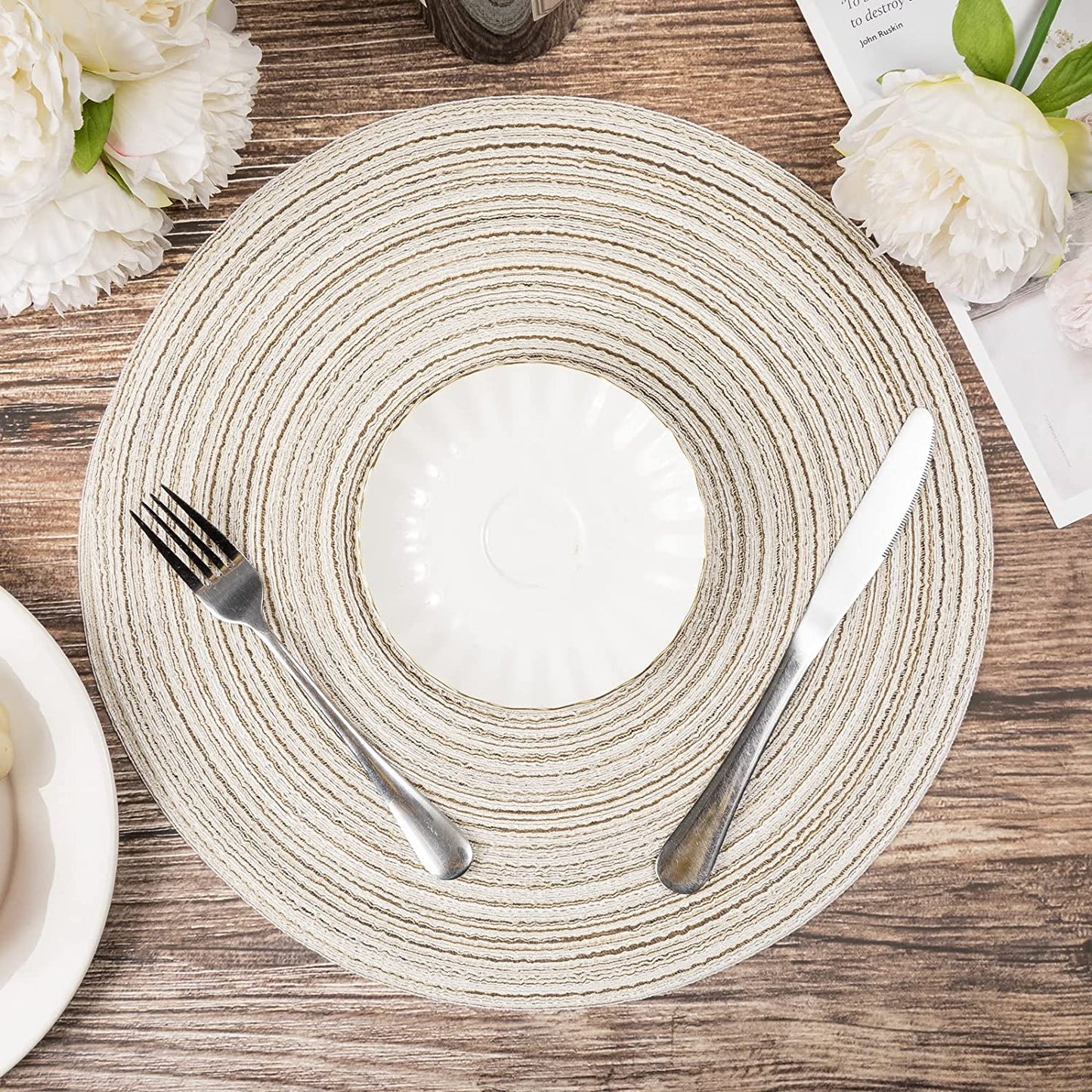 Round Placemats Set of 4/6/8 for Dining Tables 14 inch Cotton Braided Placemats Washable Reversible for Kitchen Holiday Party(Ivory）
