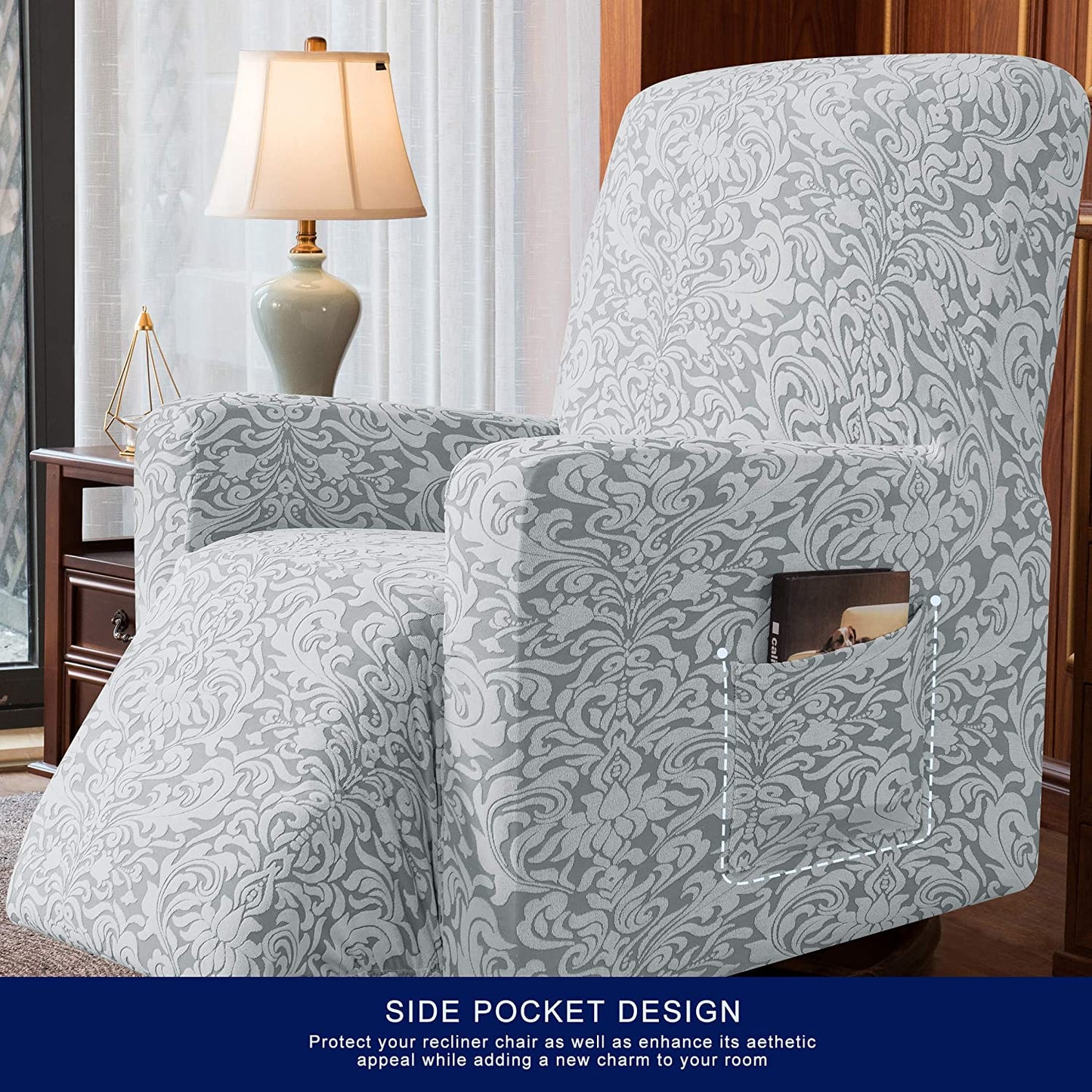 Stretch Rocking Recliner Silpcover with Side Pocket, Light Smoky Gray