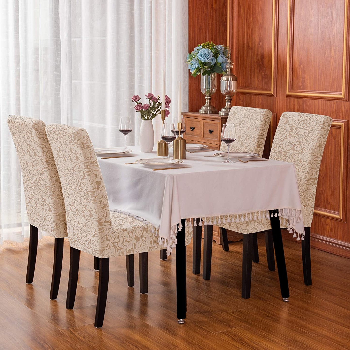 Jacquard Damask Dining Chair Slipcovers Stretch High Back Chair Protector for Kitchen (2/4/6/8pcs, Damask Oatmeal)