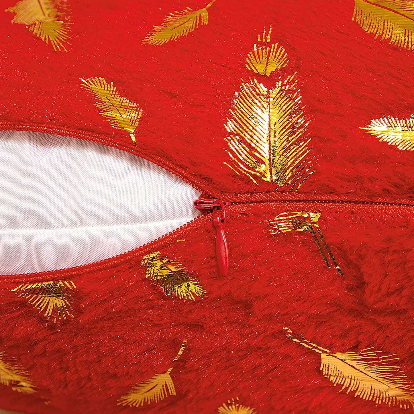 2x Square Throw Pillows Decorative Faux Fur Gold Feathers Gilding Leaves Cushion Cases Soft Fluffy(Inserts + Pillow Covers, Red)