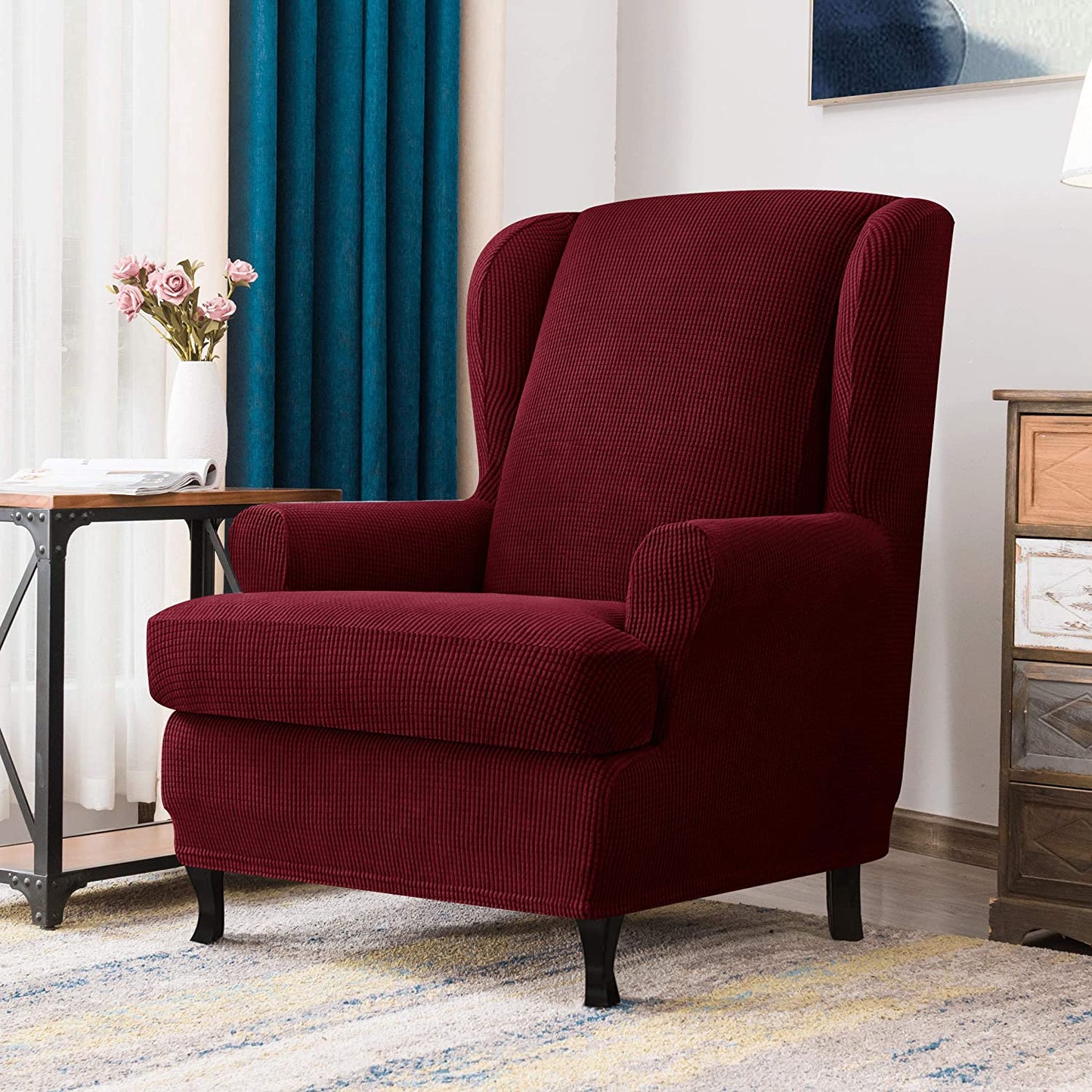 Stretch Wing Chair Sofa Slipcover 2-Piece with Elastic Bottom, Wine
