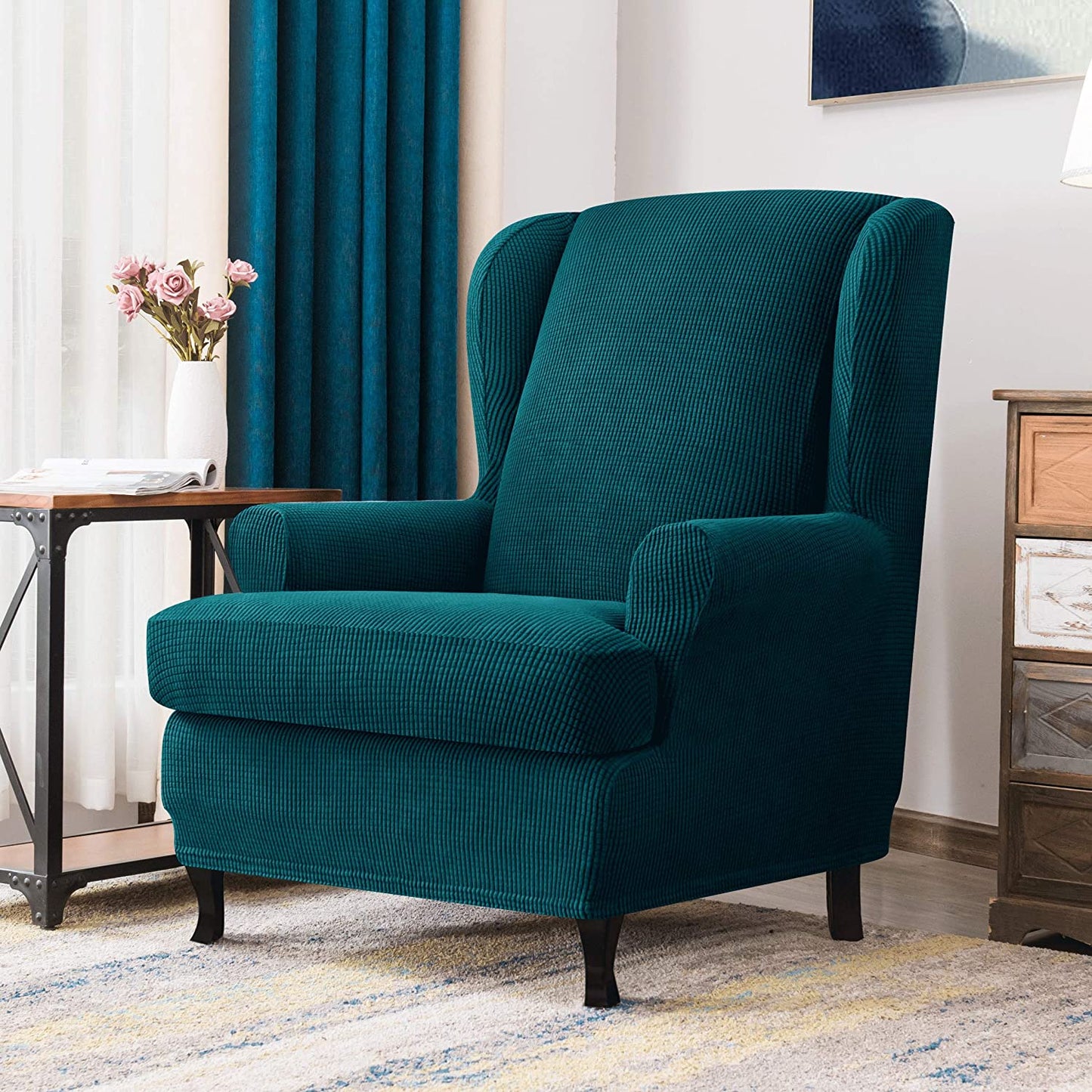 Stretch Wing Chair Sofa Slipcover 2-Piece with Elastic Bottom, DarkTeal
