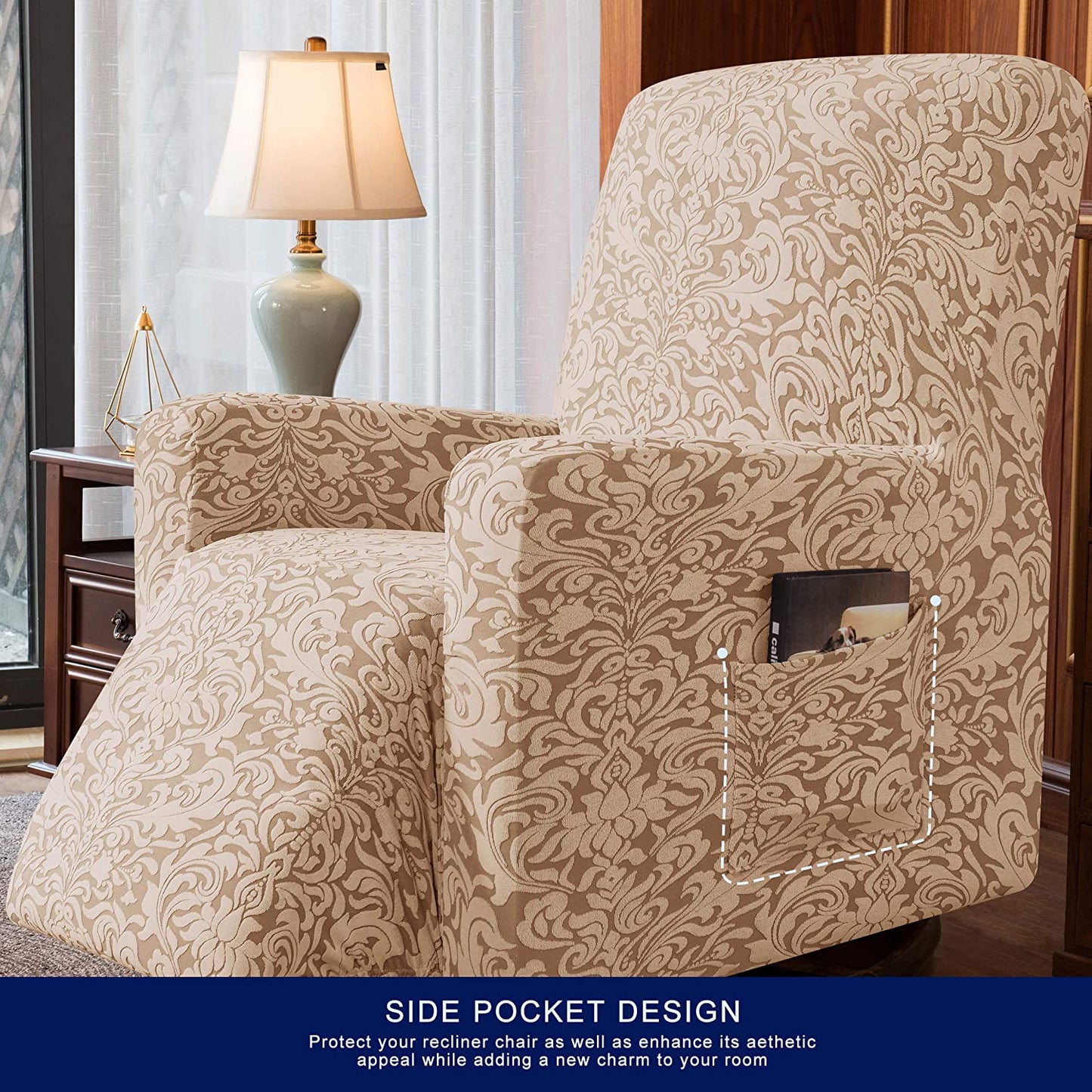Stretch Rocking Recliner Silpcover with Side Pocket, Oatmeal
