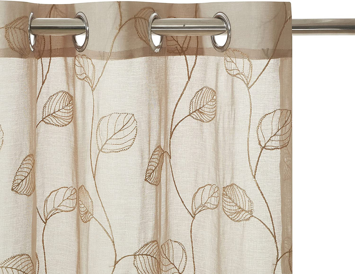 2 Pieces Beige Sheer Curtains , Embroidered Semi Sheer Grommet Floral Leaf Window Curtains & Drapes for Living Room Kitchen Bedroom Curtains