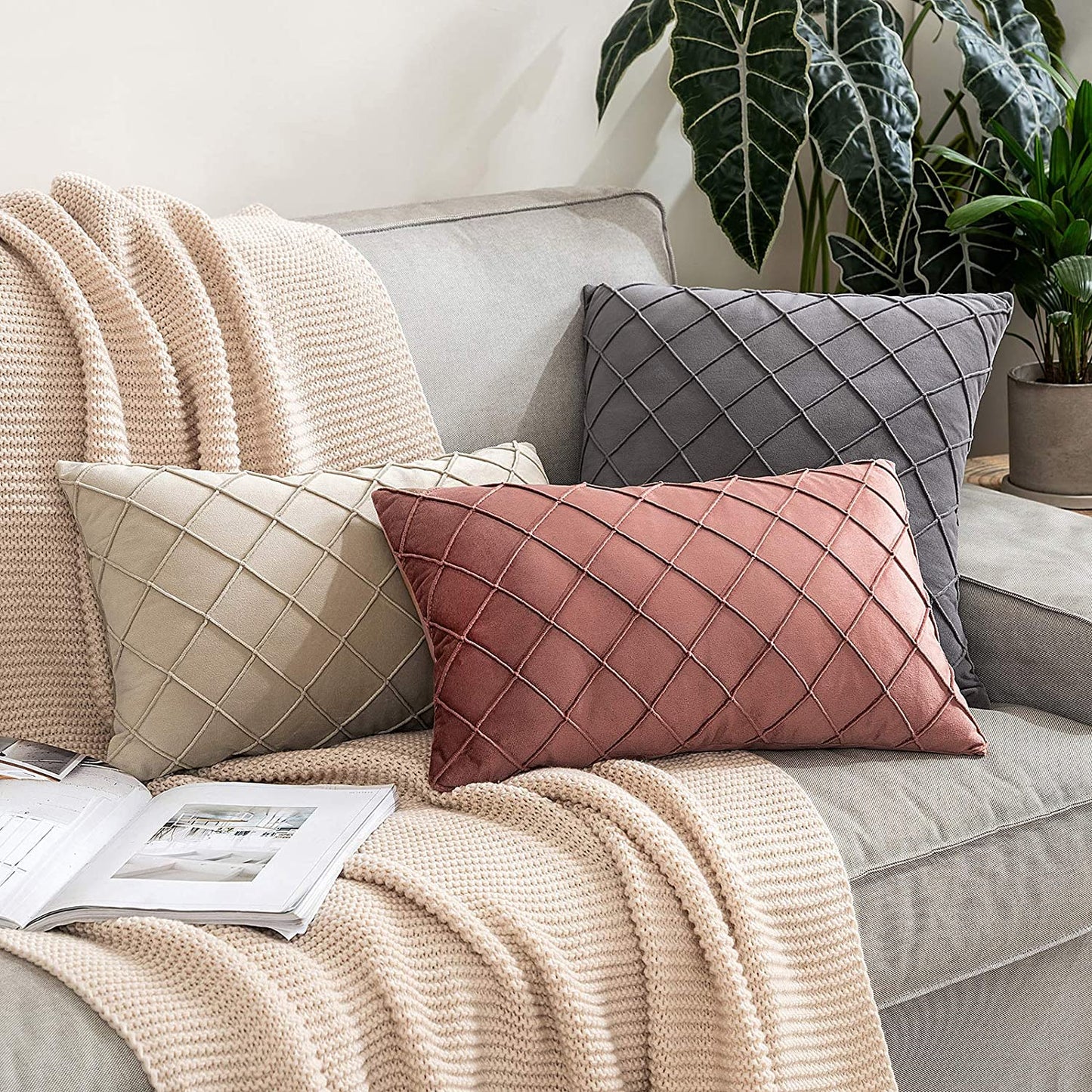 Velvet Throw Pillow Square Soft Couch Pillows Set of 2 (Inserts + Pillow Covers, Mix Pink and Grey)
