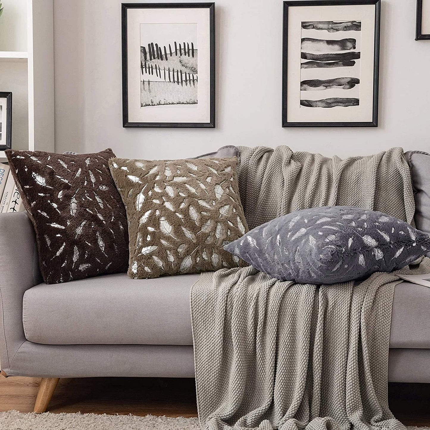 2x Square Throw Pillows Decorative Faux Fur Silver Feathers Silver Leaves Cushion Cases Soft Fluffy(Inserts + Pillow Covers, Brown)