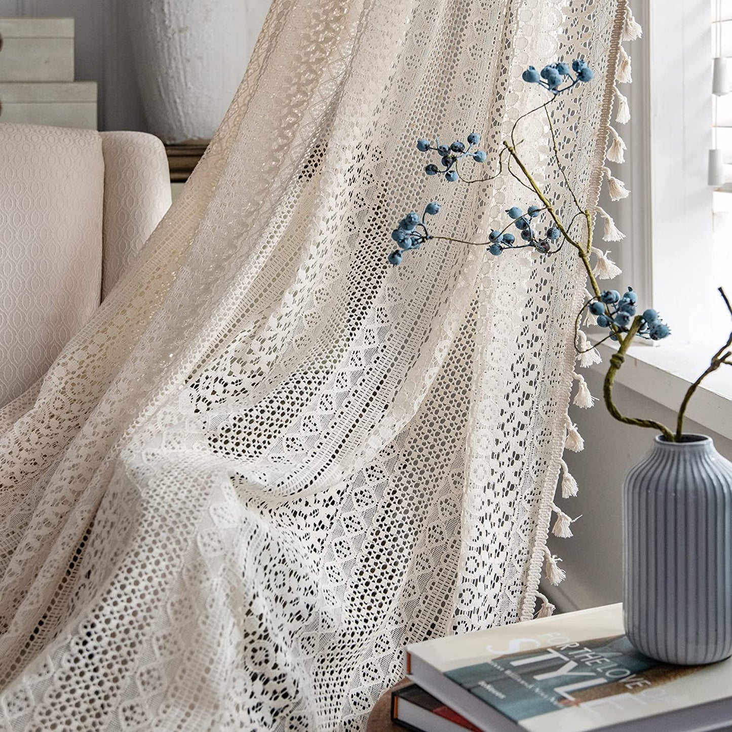 2 Panels Boho Windows Sheer Curtains Crochet Vintage Cotton Tassel Window Curtains Panels for Bedroom Living Room (Crochet Beige)