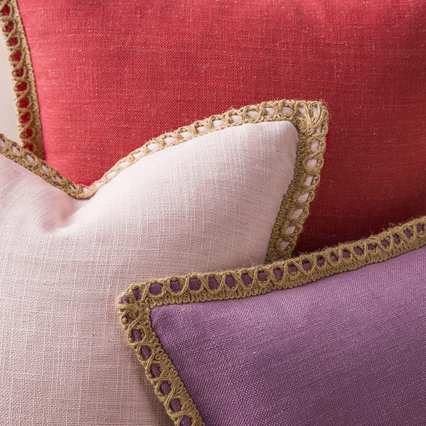 Pack of 2 Farmhouse Decorative Throw Pillow Covers Burlap Linen Trimmed Tailored Edges ,for Couch Sofa Living Room Decor - Red