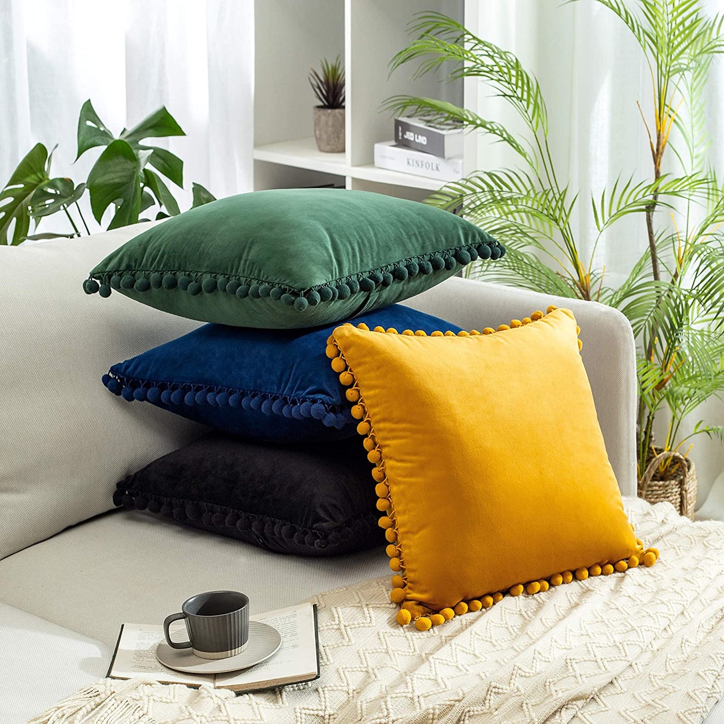 2x  Square Throw Pillows with Cute Pom-poms for Couch Sofa Bedroom Decor (Inserts + Pillow Covers,Black)