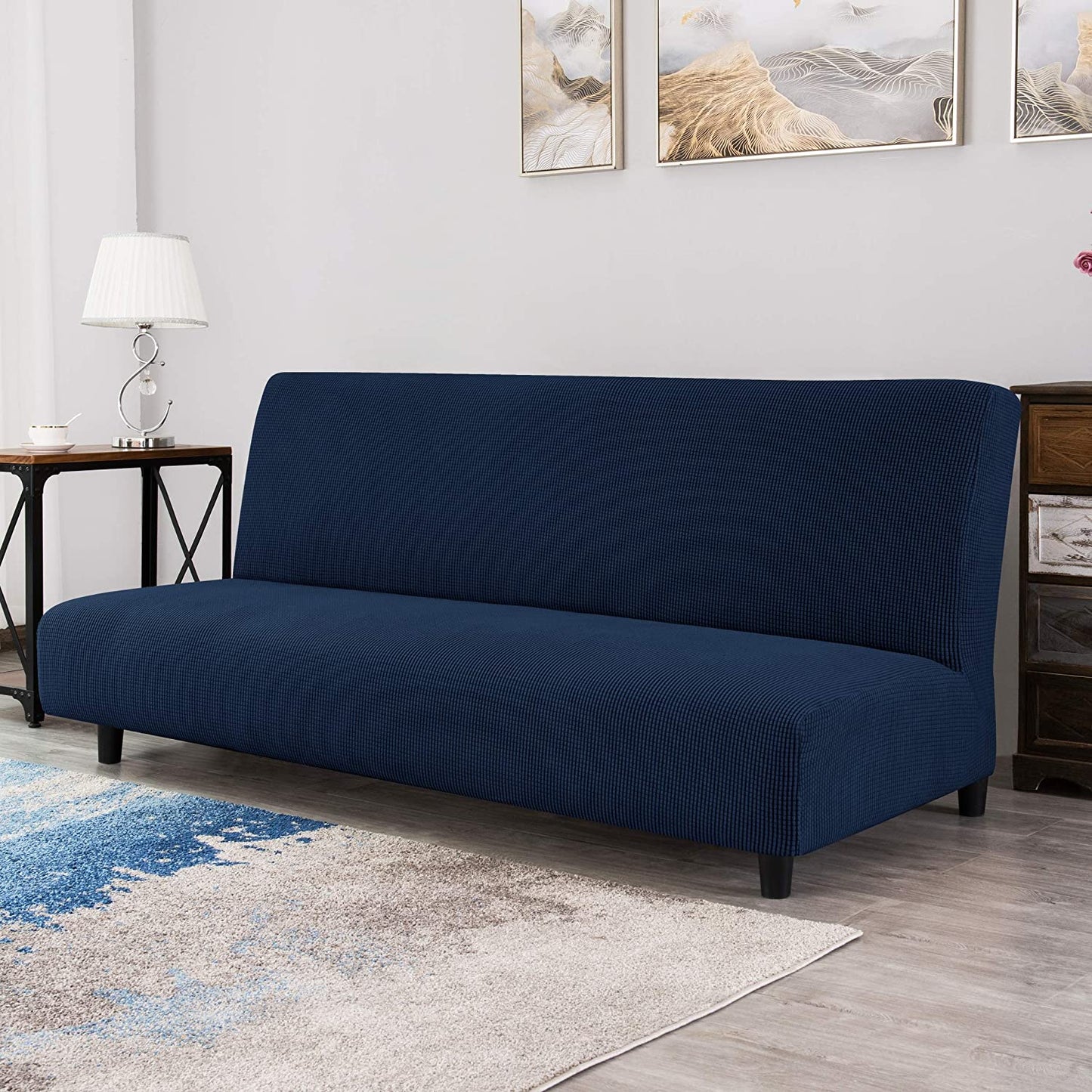 Stretch Armless Sofa Slipcover Futon Cover with Elastic Bottom, Navy