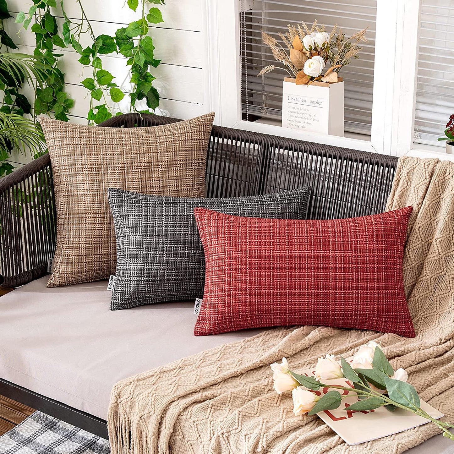 Outdoor Waterproof Throw Pillows Pack of 2, Light Tan