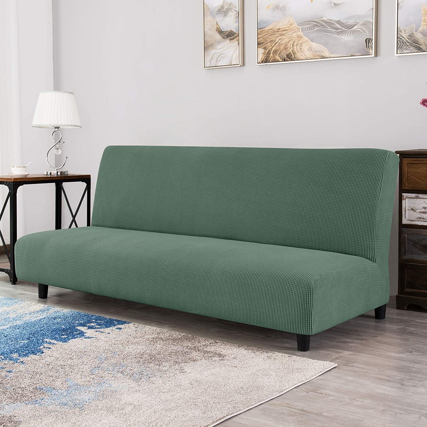 Stretch Armless Sofa Slipcover Futon Cover with Elastic Bottom, Dark Cyan