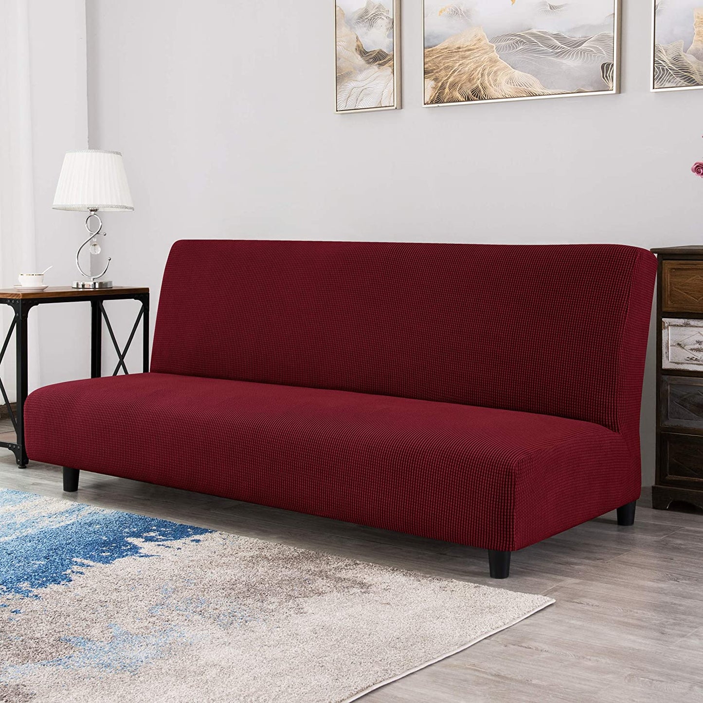 Stretch Armless Sofa Slipcover Futon Cover with Elastic Bottom, Wine