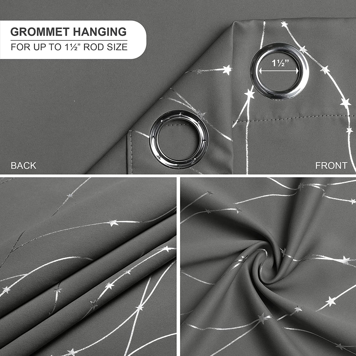 Grey Curtains Bedroom Silver Star Print Design Thermal Insulated Room Darkening Window Treatment Grommet Drapes for Living Room/Kids Game Room Set of 2 Panels