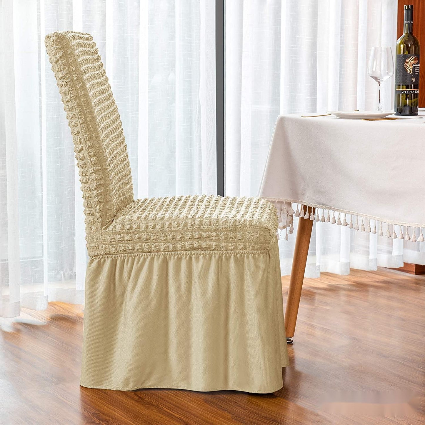 Stretchy Dining Room Chair Covers with Long Skirt, Suitable for families, parties, dirt resistant ,Set of 2/4/6/8 PCS,Light Yellow