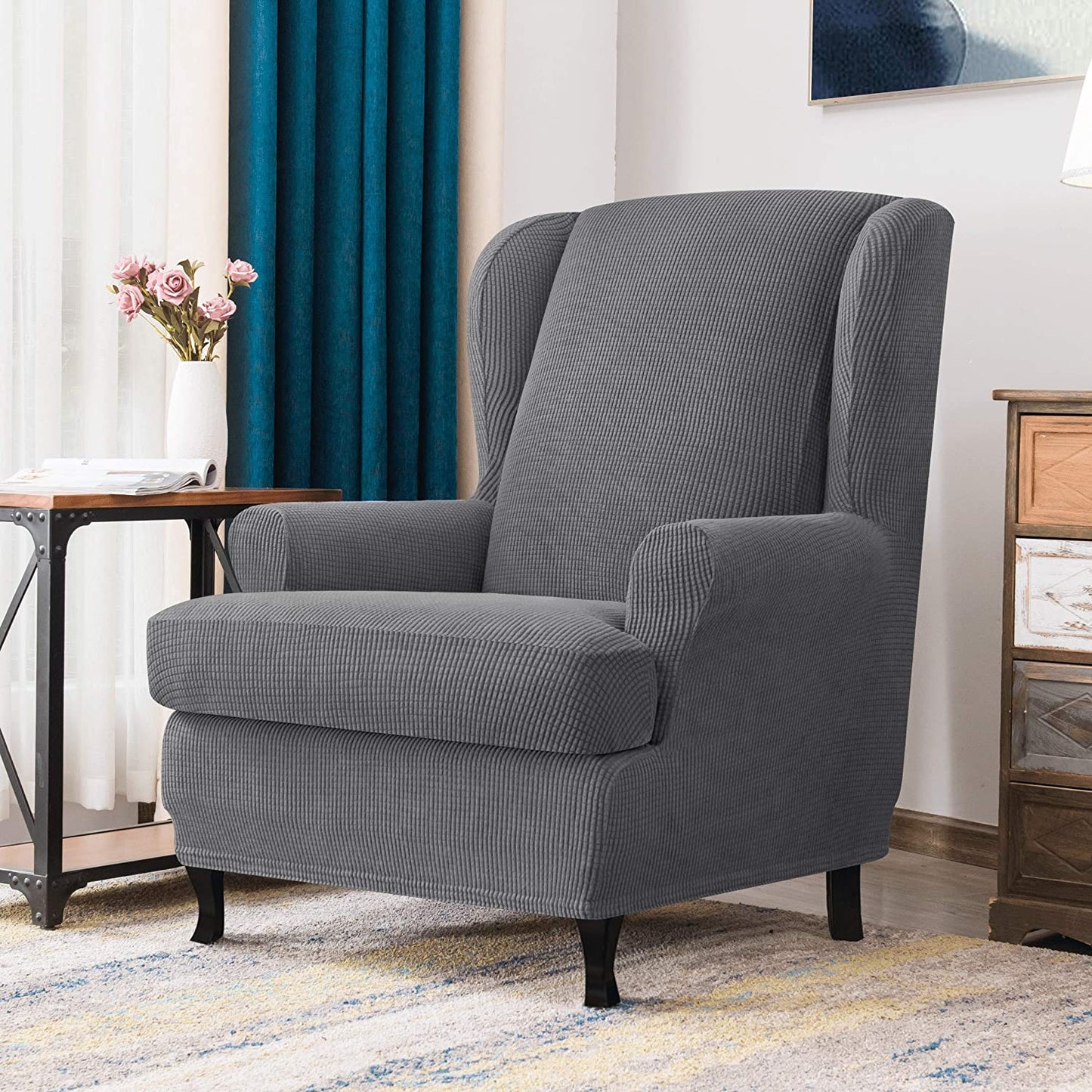 Stretch Wing Chair Sofa Slipcover 2-Piece with Elastic Bottom, Light Grey