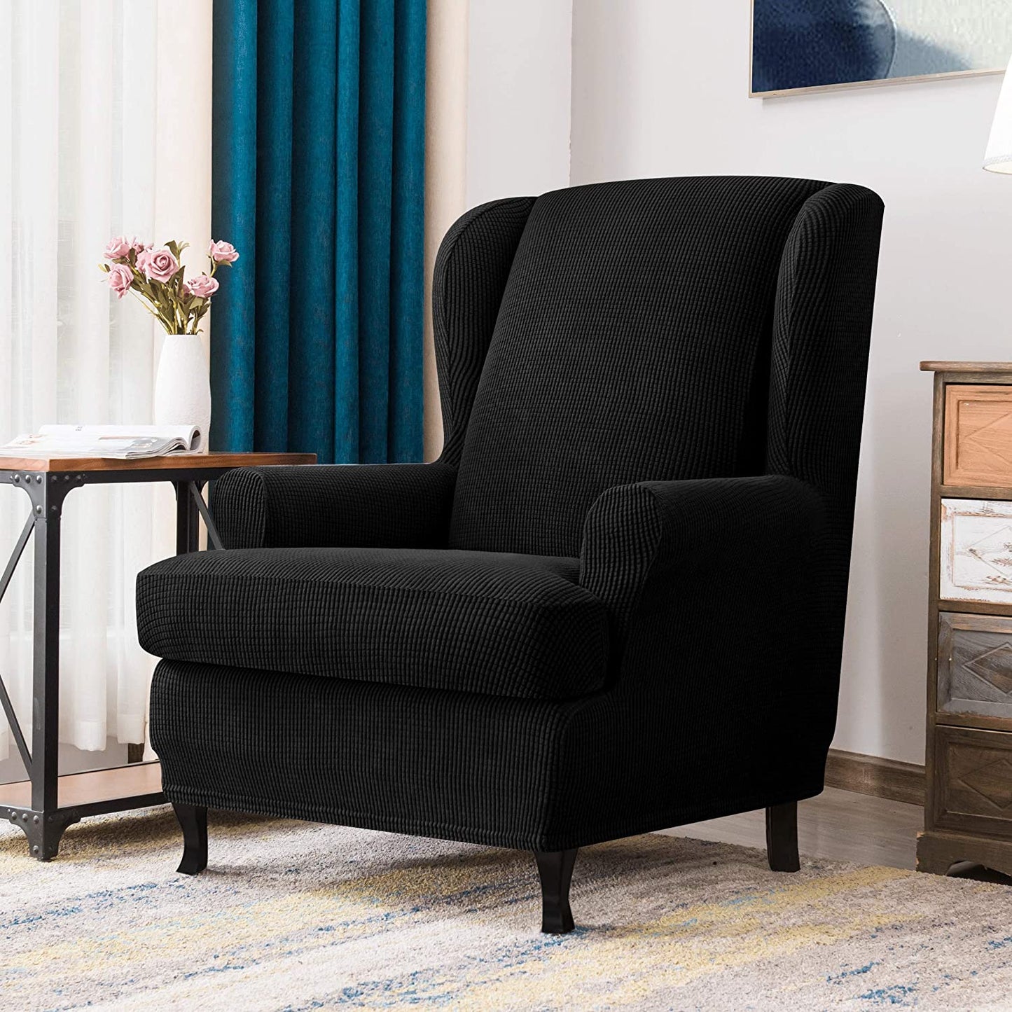 Stretch Wing Chair Sofa Slipcover 2-Piece with Elastic Bottom, Black