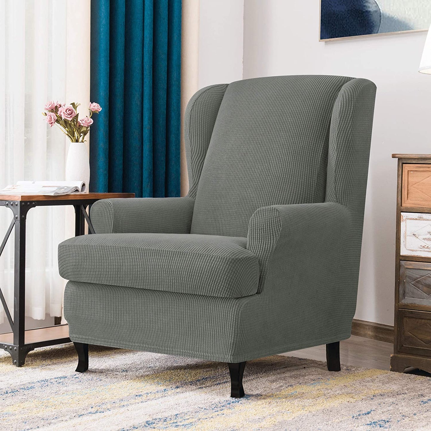 Stretch Wing Chair Sofa Slipcover 2-Piece with Elastic Bottom,  Grey