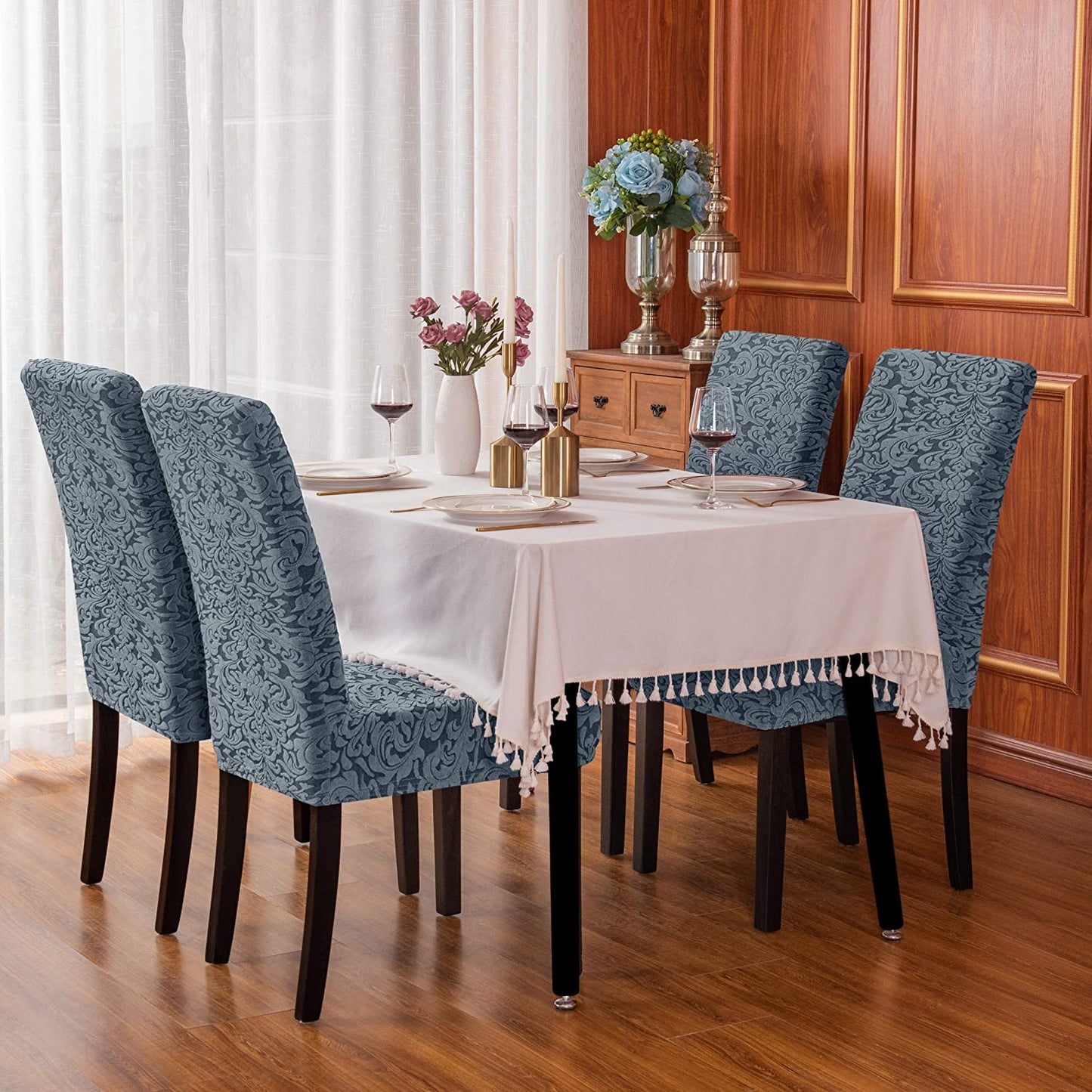 Jacquard Damask Dining Chair Slipcovers Stretch High Back Chair Protector for Kitchen (2/4/6/8pcs, Grayish Green)