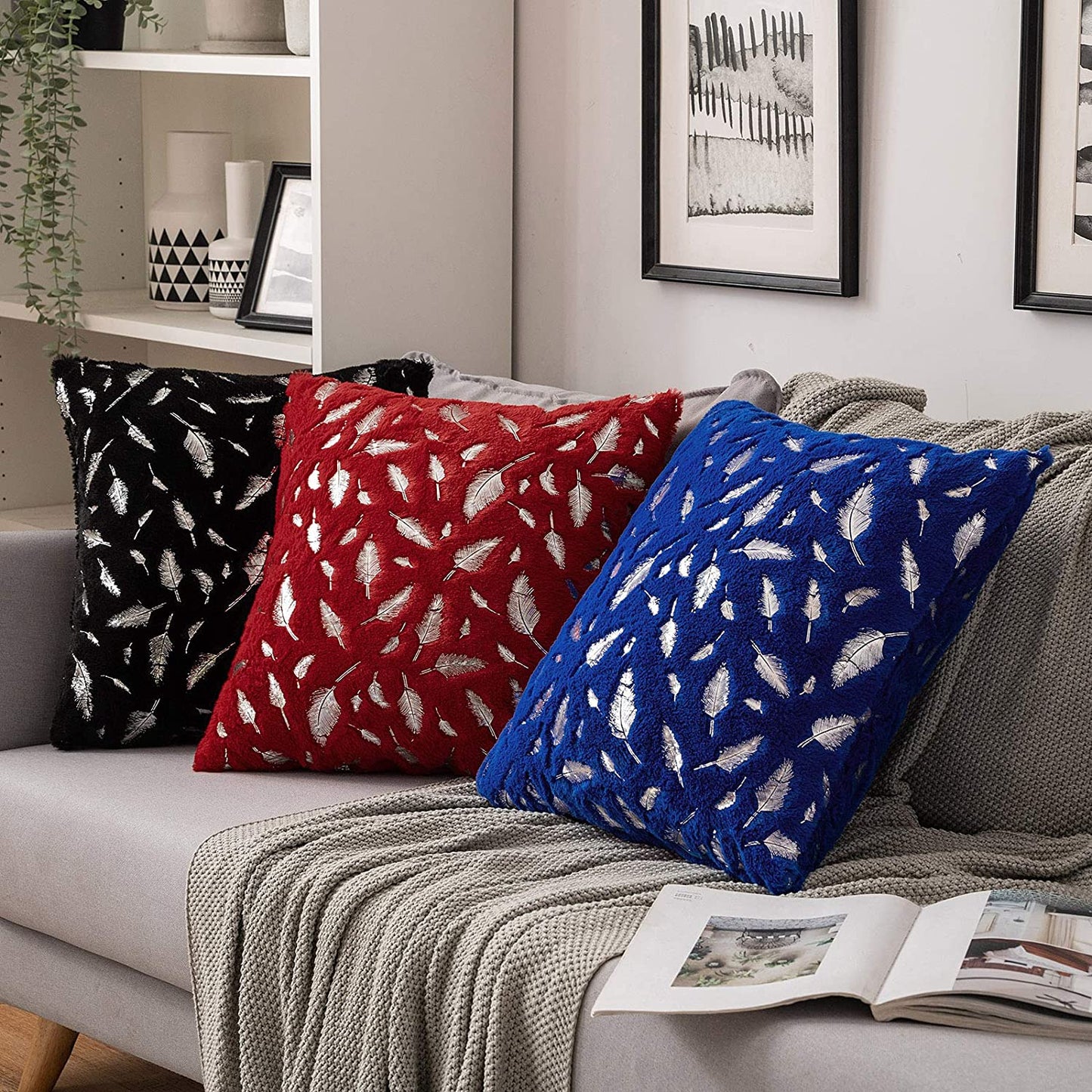 2x Square Throw Pillows Decorative Faux Fur Silver Feathers Silver Leaves Cushion Cases Soft Fluffy(Inserts + Pillow Covers, Red)