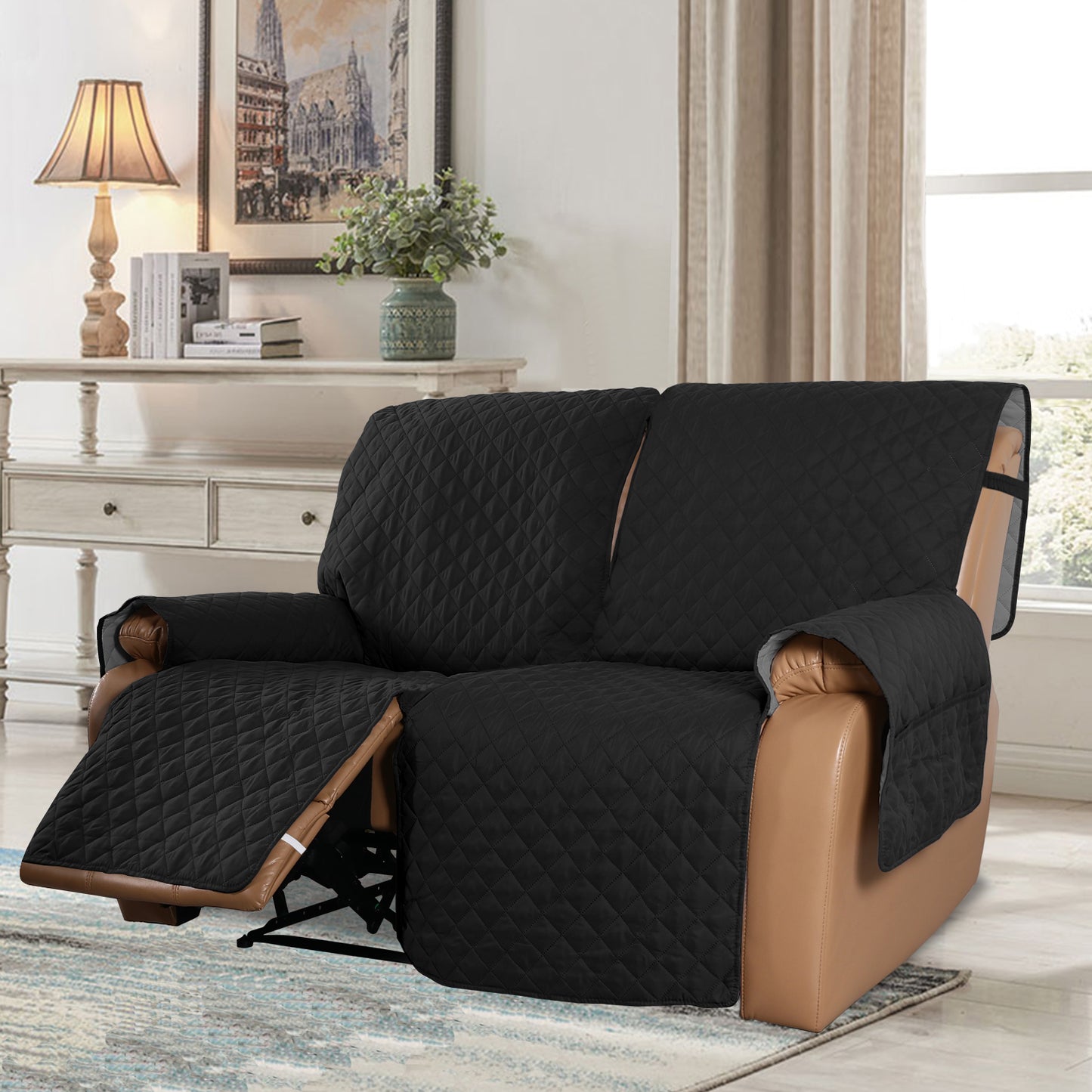Recliner Sofa Cover with Pocket, Slipcovers Reversible Washable Elastic Adjustable Strap for home(2 Seater,Black)