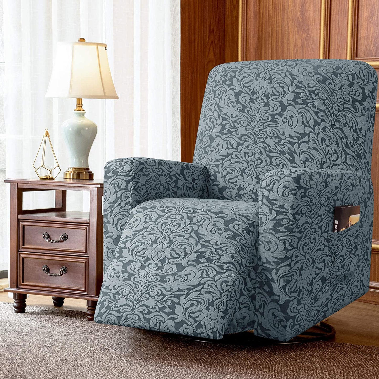 Stretch Rocking Recliner Silpcover with Side Pocket,  Grayish Green