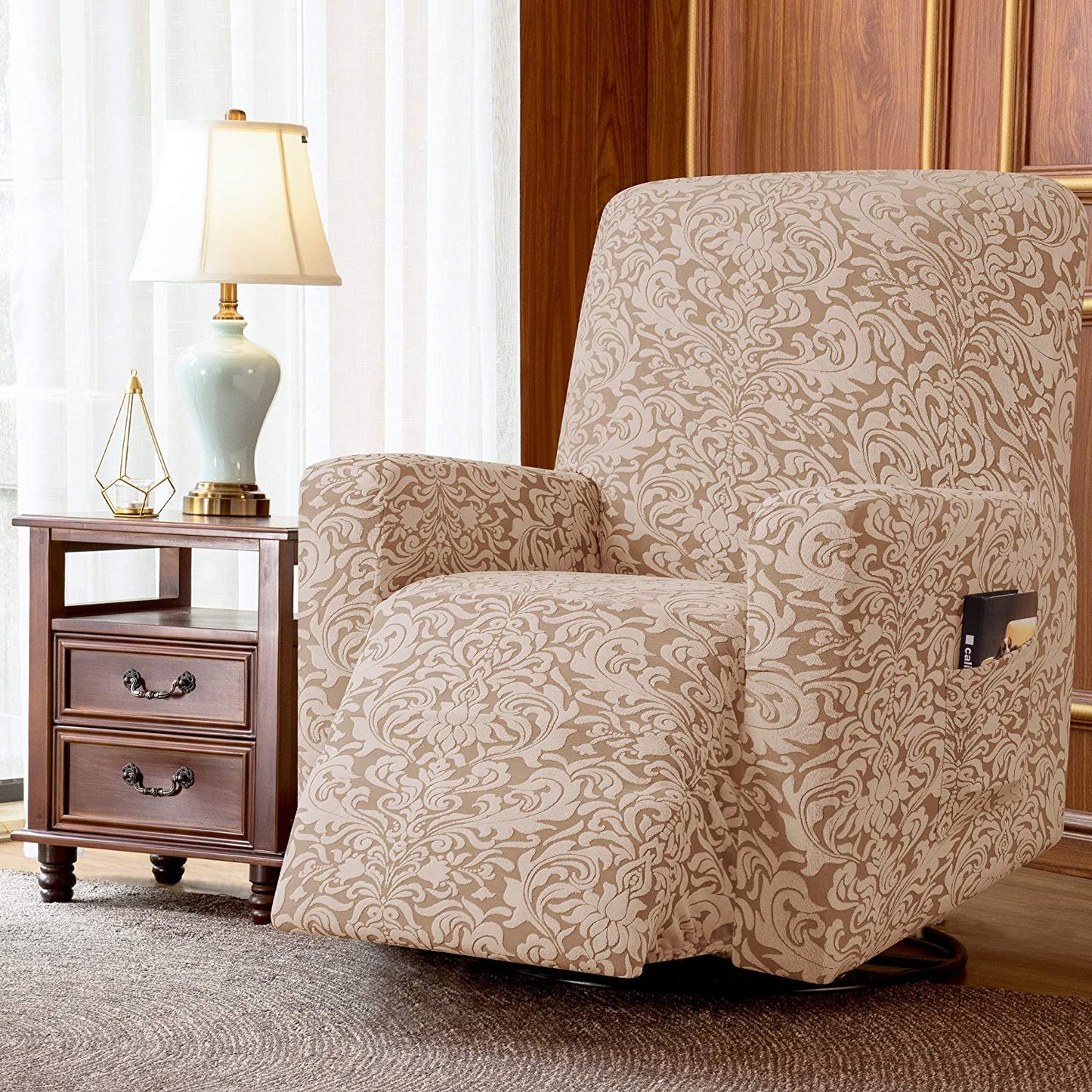 Stretch Rocking Recliner Silpcover with Side Pocket, Oatmeal