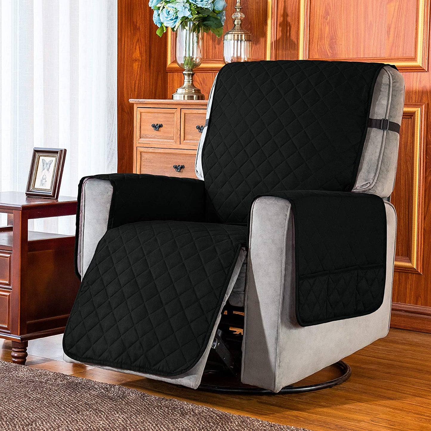 Recliner Chair Covers Fitted Recliner Sofa Slipcovers Reversible Washable Recliner Chair Protector with Elastic Adjustable Strap for Home, Black/White