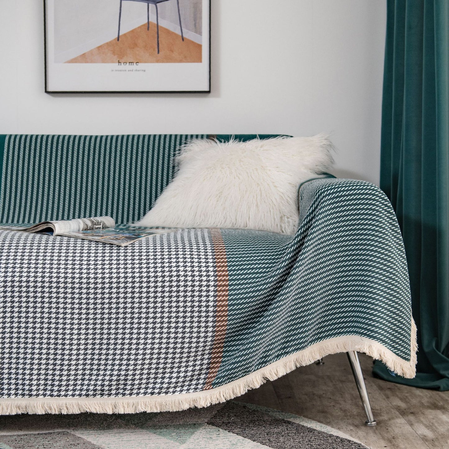 Couch Cover Houndstooth Print, Green Slipcovers for Sofas Cover Chenille Couch Covers for 1/2/3 Cushion Couch Sofa Covers