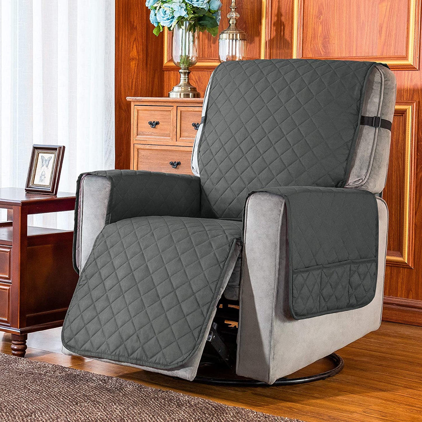Recliner Chair Covers Fitted Recliner Sofa Slipcovers Reversible Washable Recliner Chair Protector with Elastic Adjustable Strap for Home, Grey/White