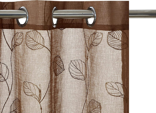 2 Pieces Brown Sheer Curtains, Embroidered Semi Sheer Grommet Floral Leaf Window Curtains & Drapes for Living Room Kitchen Bedroom Curtains