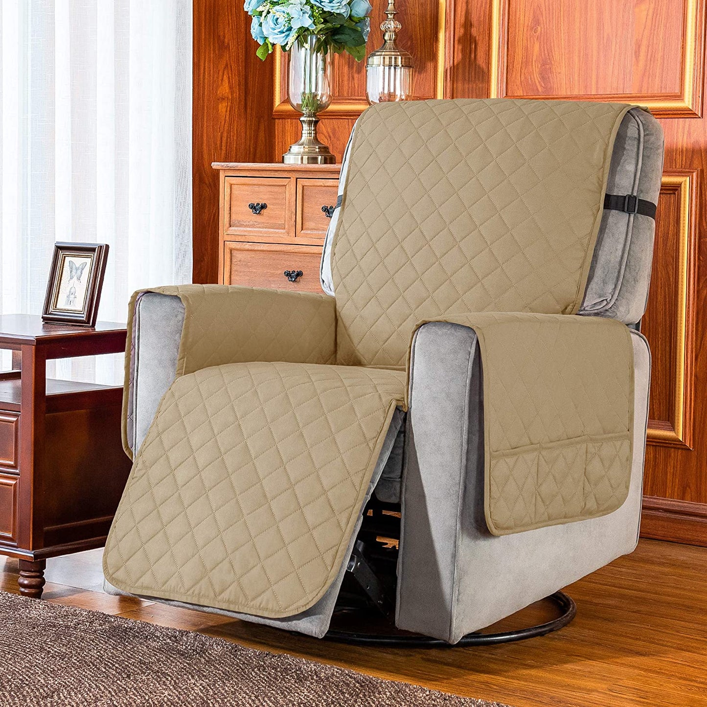Recliner Chair Covers Fitted Recliner Sofa Slipcovers Reversible Washable Recliner Chair Protector with Elastic Adjustable Strap, Khaki/White