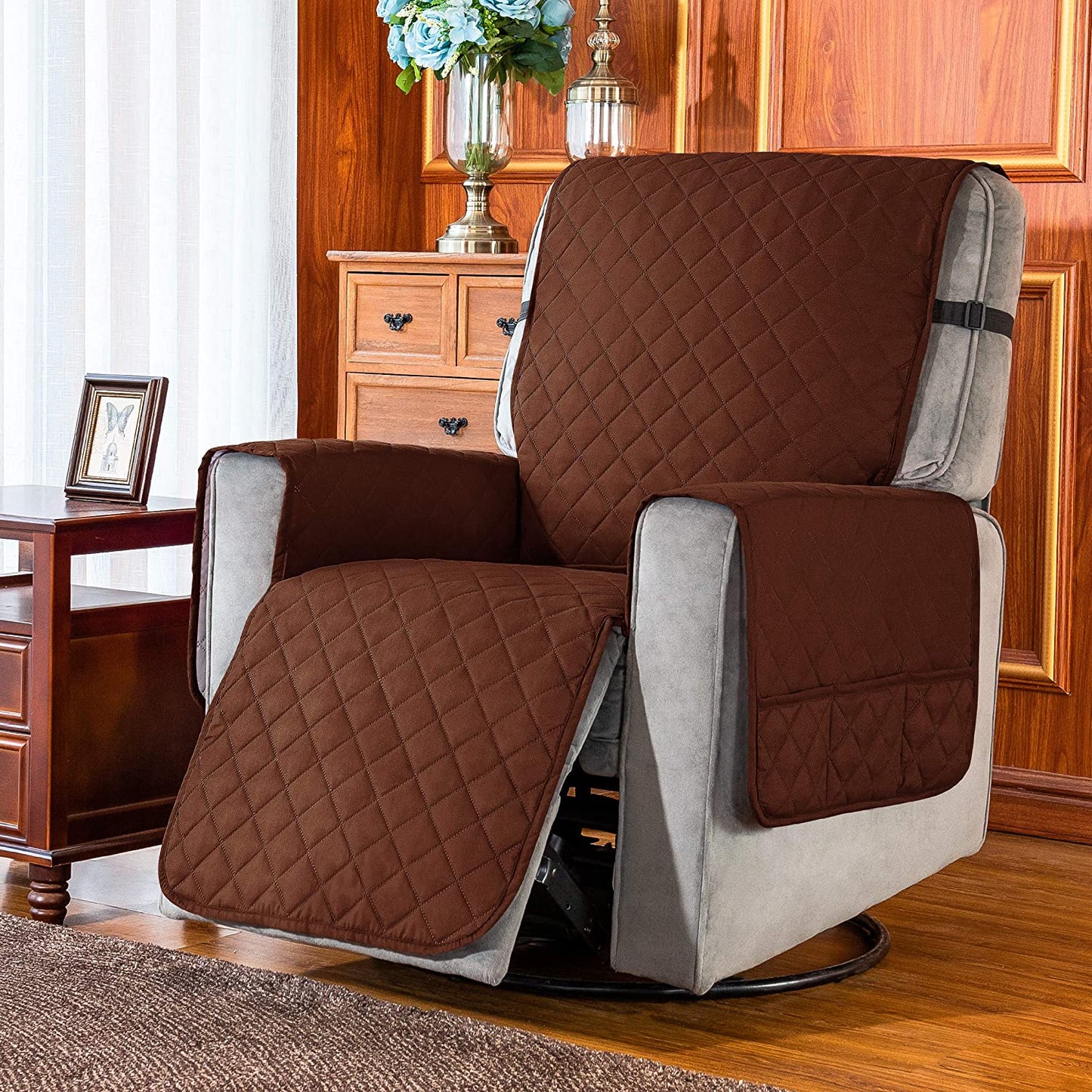 Recliner Chair Covers Fitted Recliner Sofa Slipcovers Reversible Washable Recliner Chair Protector with Elastic Adjustable Strap, Chocolate/White