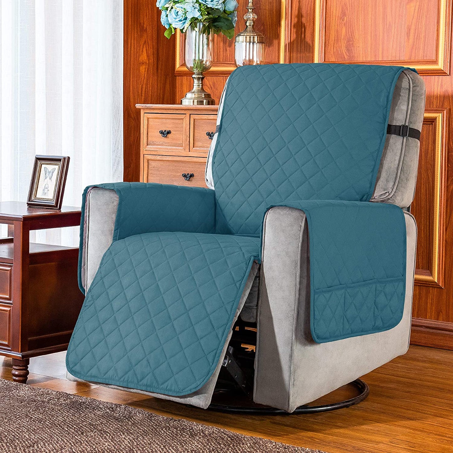 Recliner Chair Covers Fitted Recliner Sofa Slipcovers Reversible Washable Recliner Chair Protector with Elastic Adjustable Strap, Turquoise/White