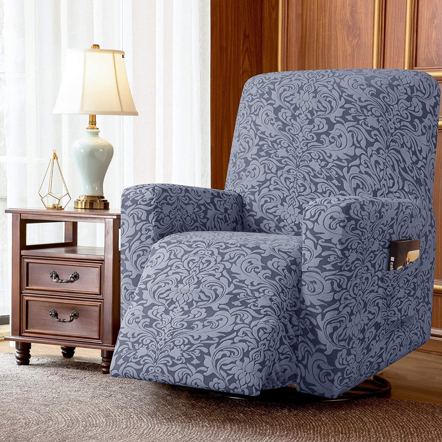 Stretch Rocking Recliner Silpcover with Side Pocket, Grayish Blue