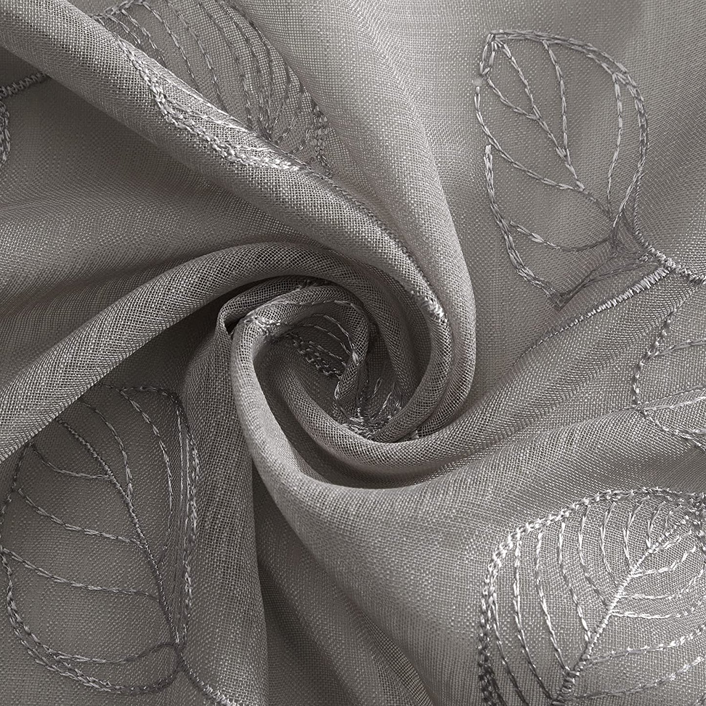 2 Pieces Grey Sheer Curtains , Embroidered Semi Sheer Grommet Floral Leaf Window Curtains & Drapes for Living Room Kitchen Bedroom Curtains