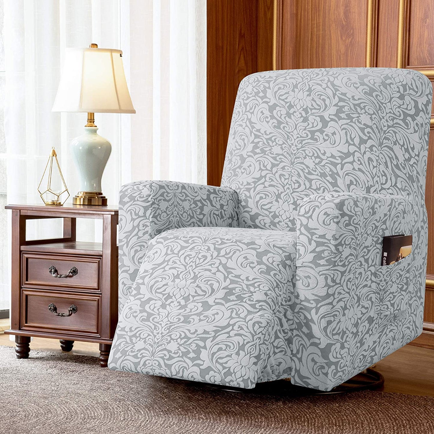 Stretch Rocking Recliner Silpcover with Side Pocket, Light Smoky Gray