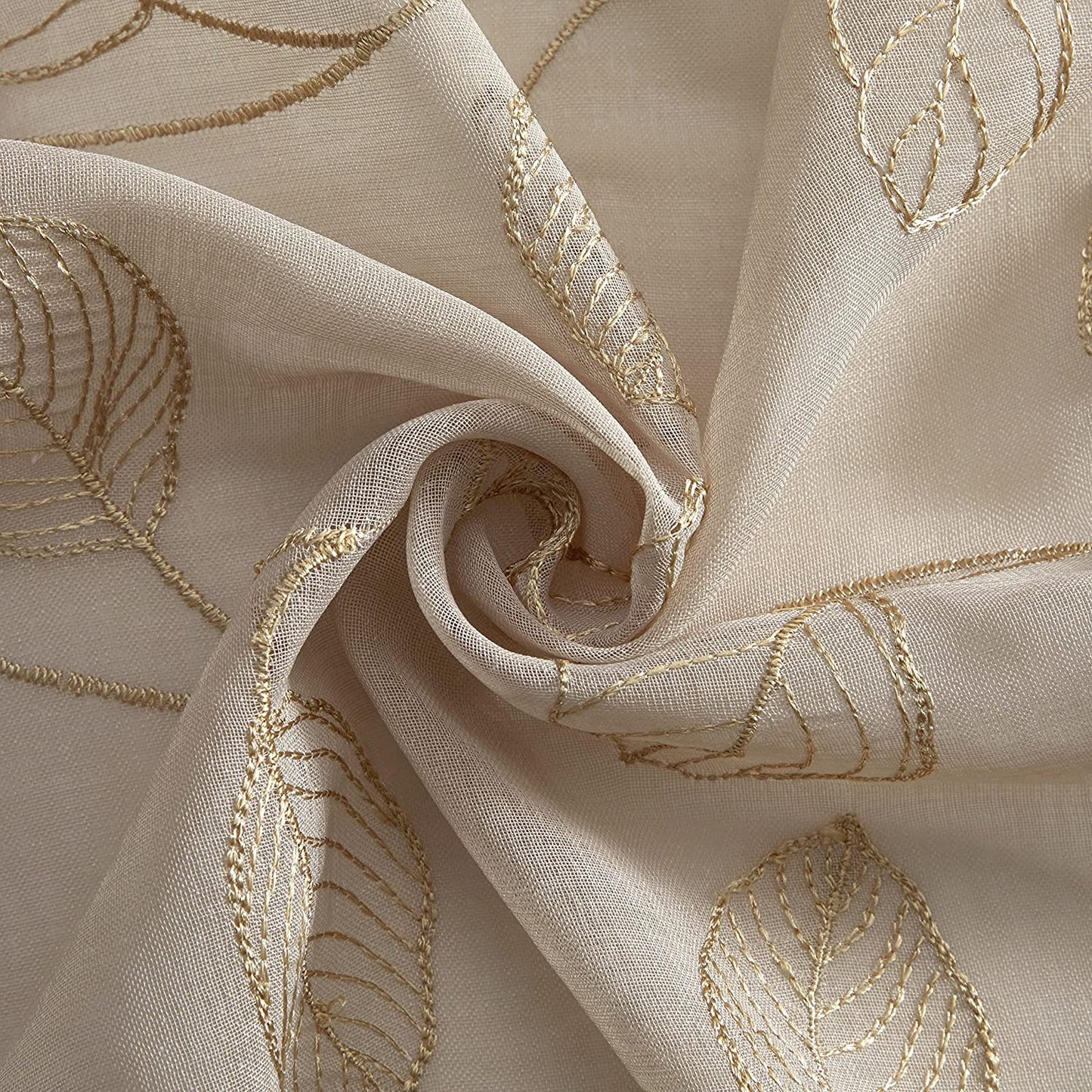 2 Pieces Beige Sheer Curtains , Embroidered Semi Sheer Grommet Floral Leaf Window Curtains & Drapes for Living Room Kitchen Bedroom Curtains
