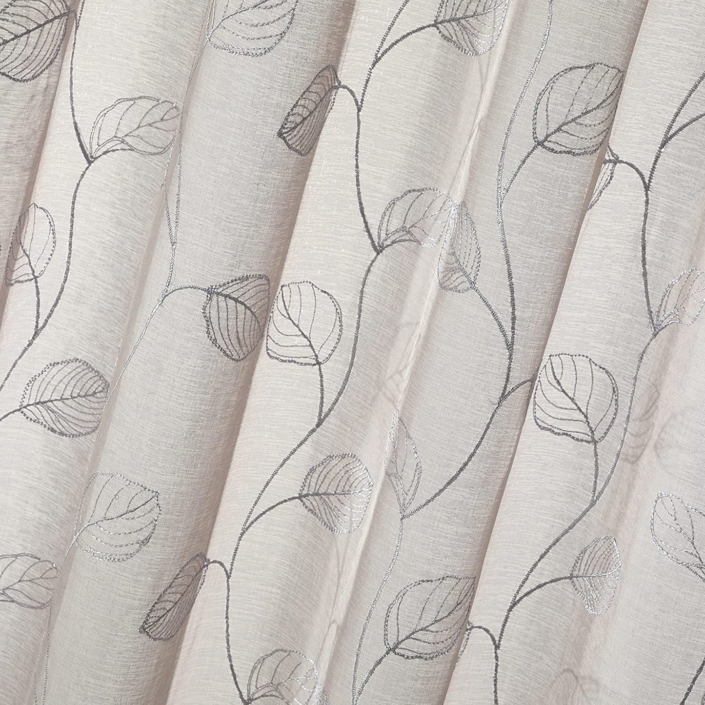 2 Pieces Grey Sheer Curtains , Embroidered Semi Sheer Grommet Floral Leaf Window Curtains & Drapes for Living Room Kitchen Bedroom Curtains
