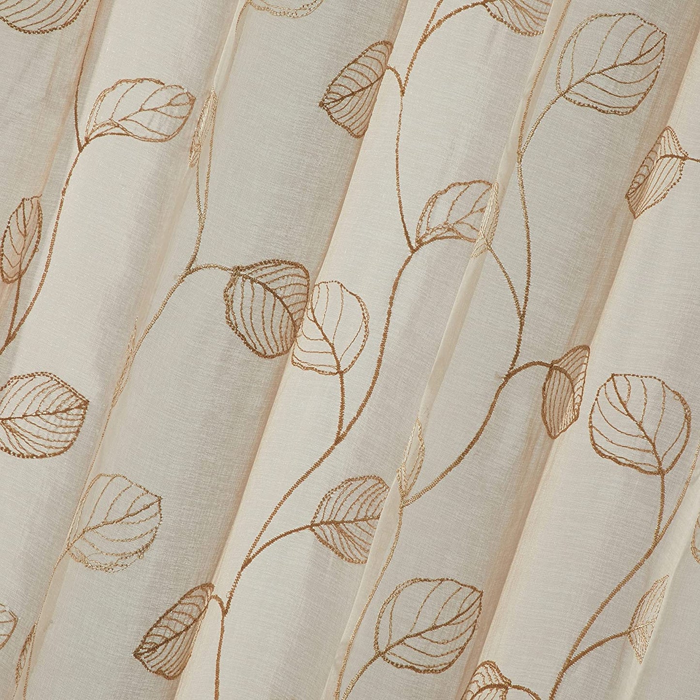 2 Pieces Beige Sheer Curtains , Embroidered Semi Sheer Grommet Floral Leaf Window Curtains & Drapes for Living Room Kitchen Bedroom Curtains