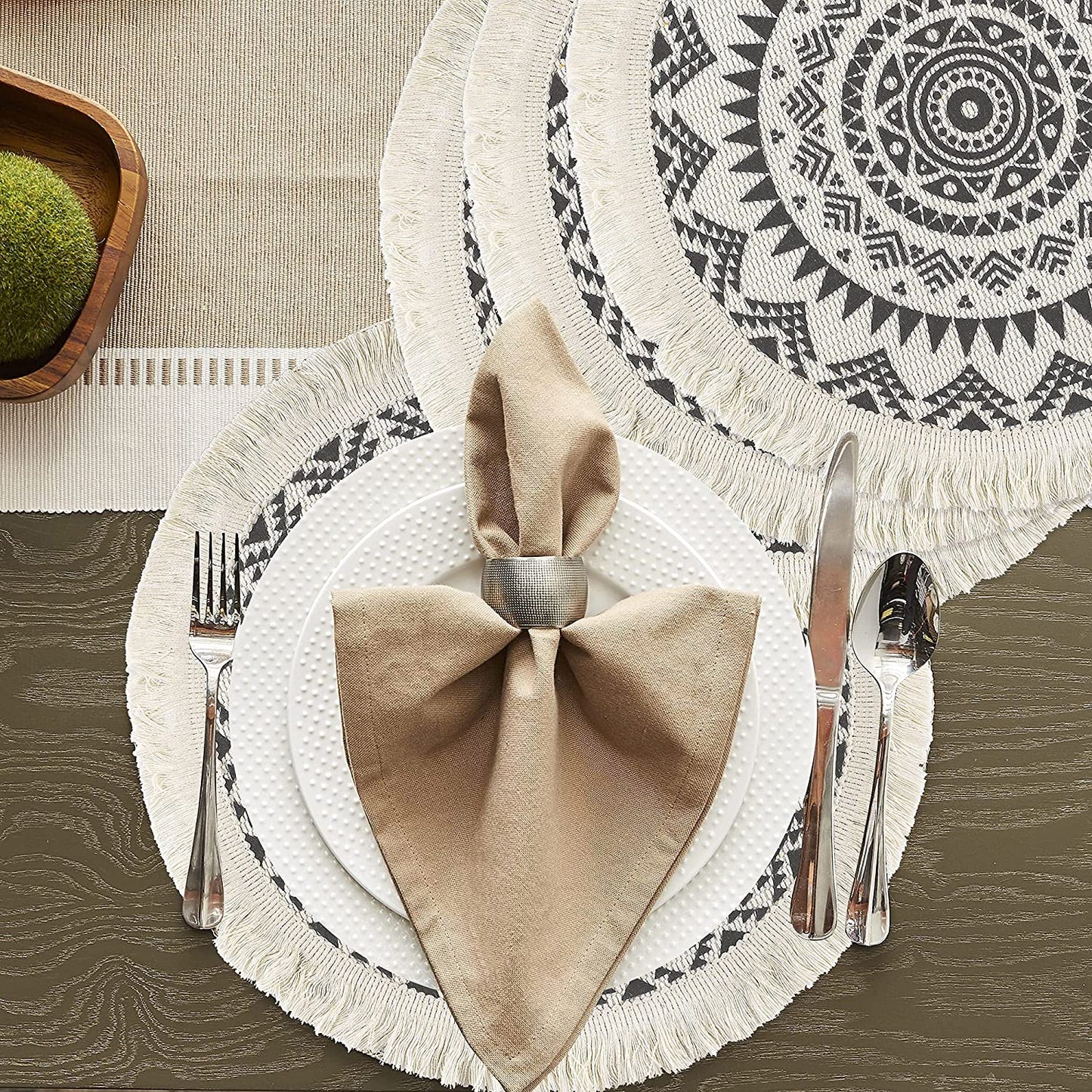 Round Placemats Set of 4/6/8, Boho Cotton Woven Macrame Tassels Table Mats Washable Heat Resistant Neutral Place Mat  (15 Inches,Dark Grey)