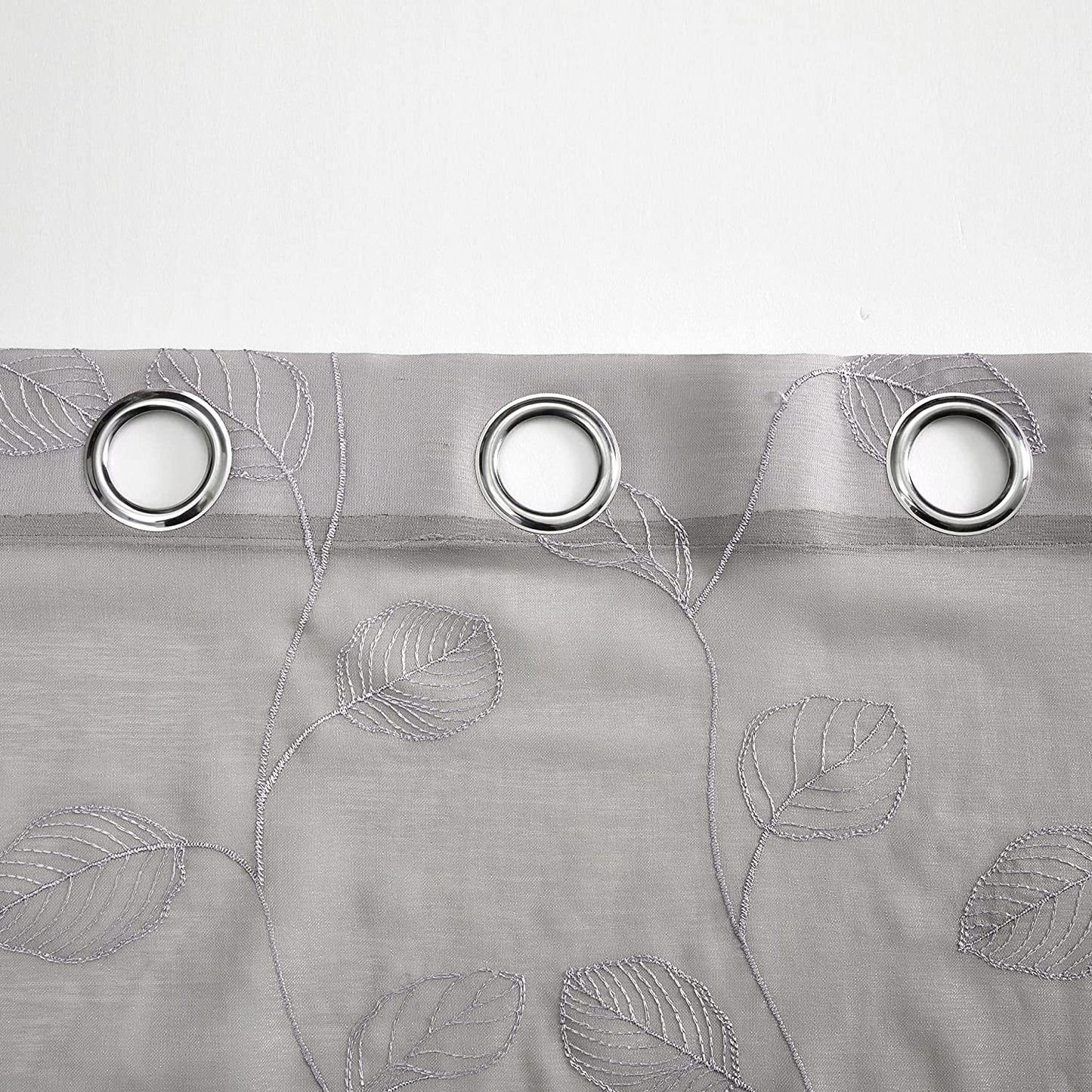 2 Pieces Grey Sheer Curtains , Embroidered Semi Sheer Grommet Floral Leaf Window Curtains & Drapes for Living Room Kitchen Bedroom Curtains