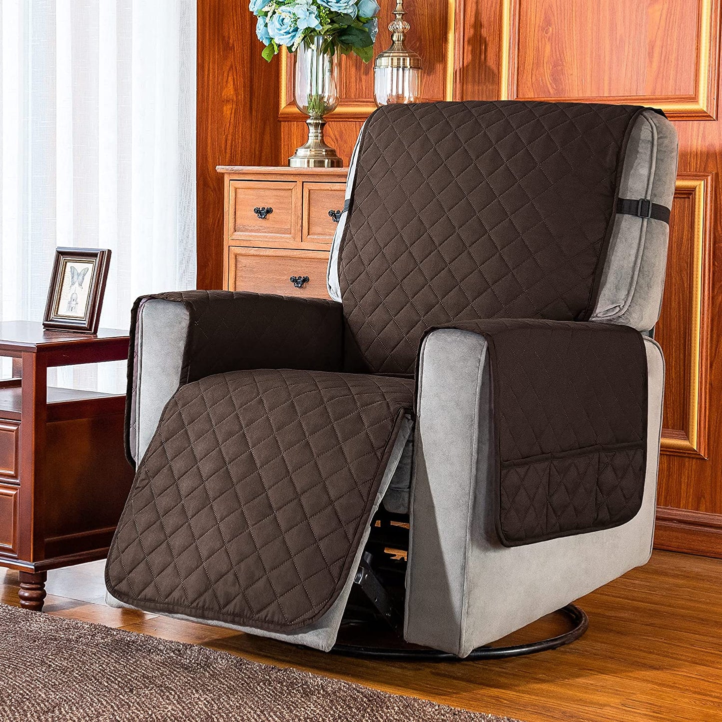 Recliner Chair Covers Fitted Recliner Sofa Slipcovers Reversible Washable Recliner Chair Protector with Elastic Adjustable Strap, Brown/White