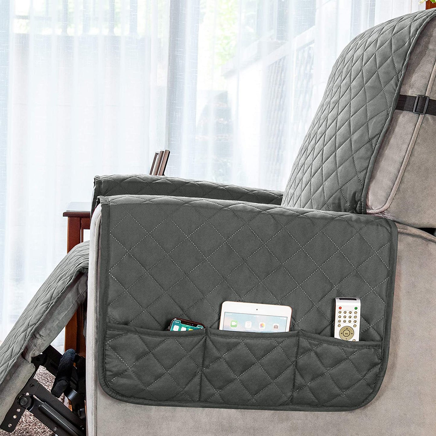 Recliner Chair Covers Fitted Recliner Sofa Slipcovers Reversible Washable Recliner Chair Protector with Elastic Adjustable Strap for Home, Grey/White